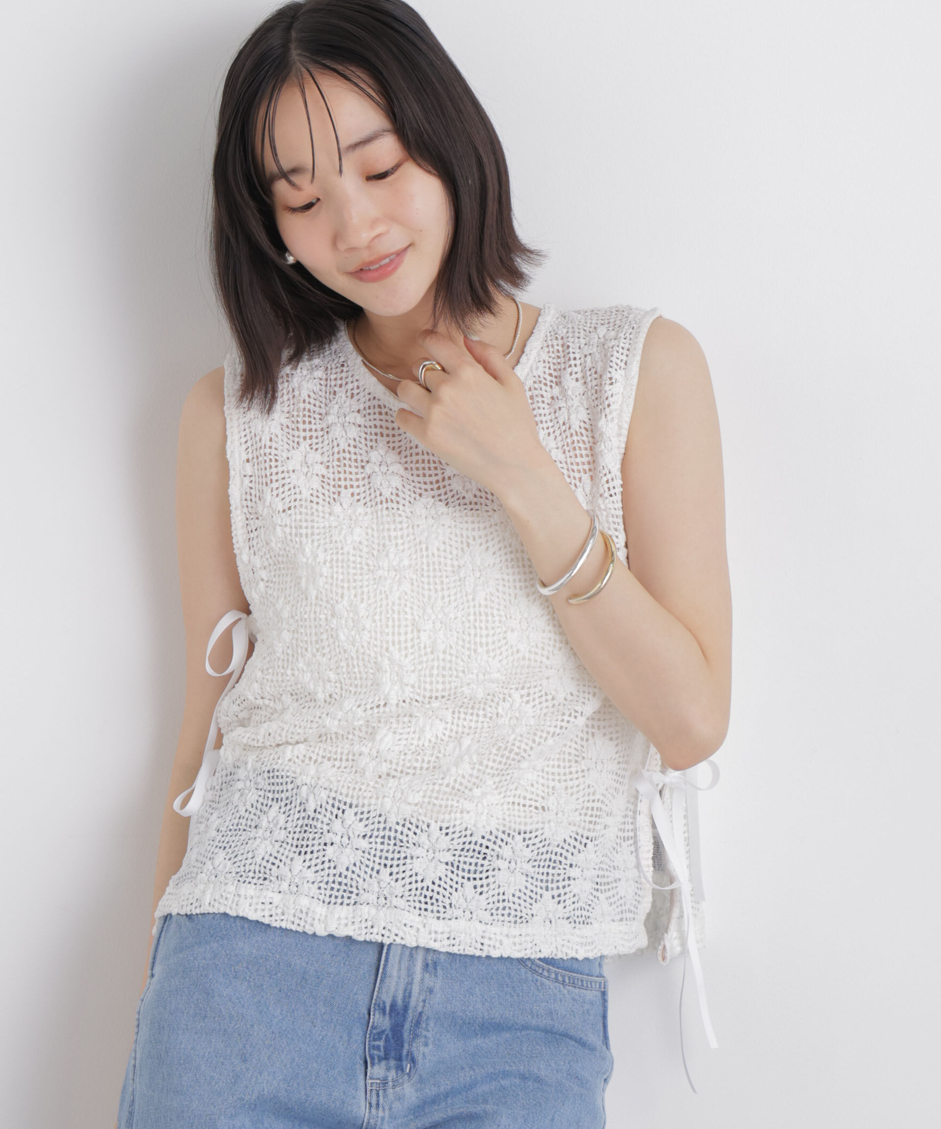 nano･universe「フラワー柄カットレースサイドリボントップス(セットアップ可)」|Tシャツ・カットソー|