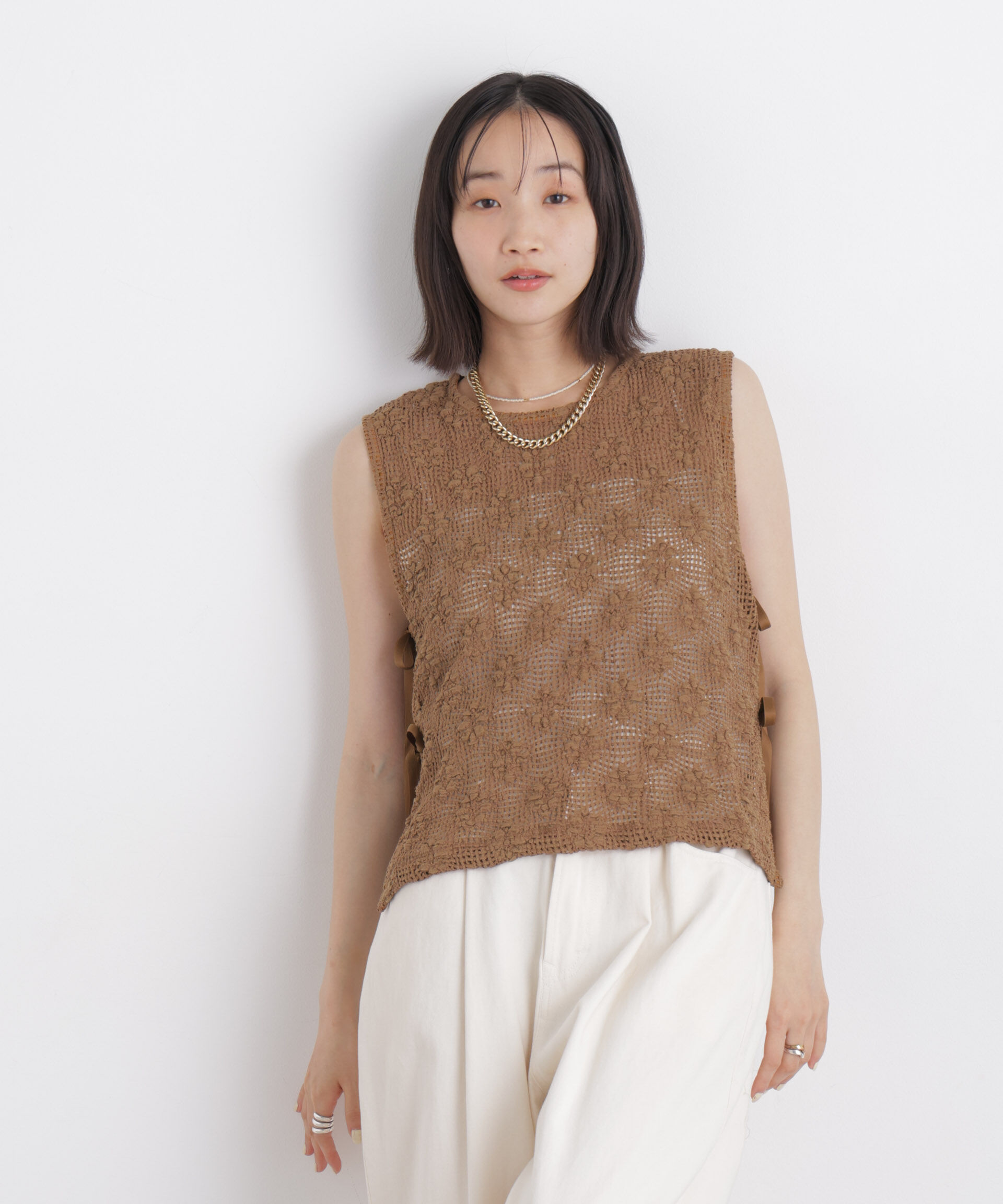 nano･universe「フラワー柄カットレースサイドリボントップス(セットアップ可)」|Tシャツ・カットソー|