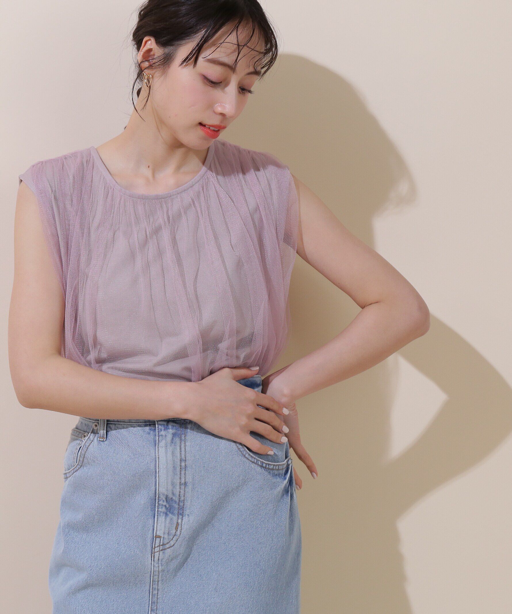  「ボリュームチュールトップス」|Tシャツ・カットソー|ピンク