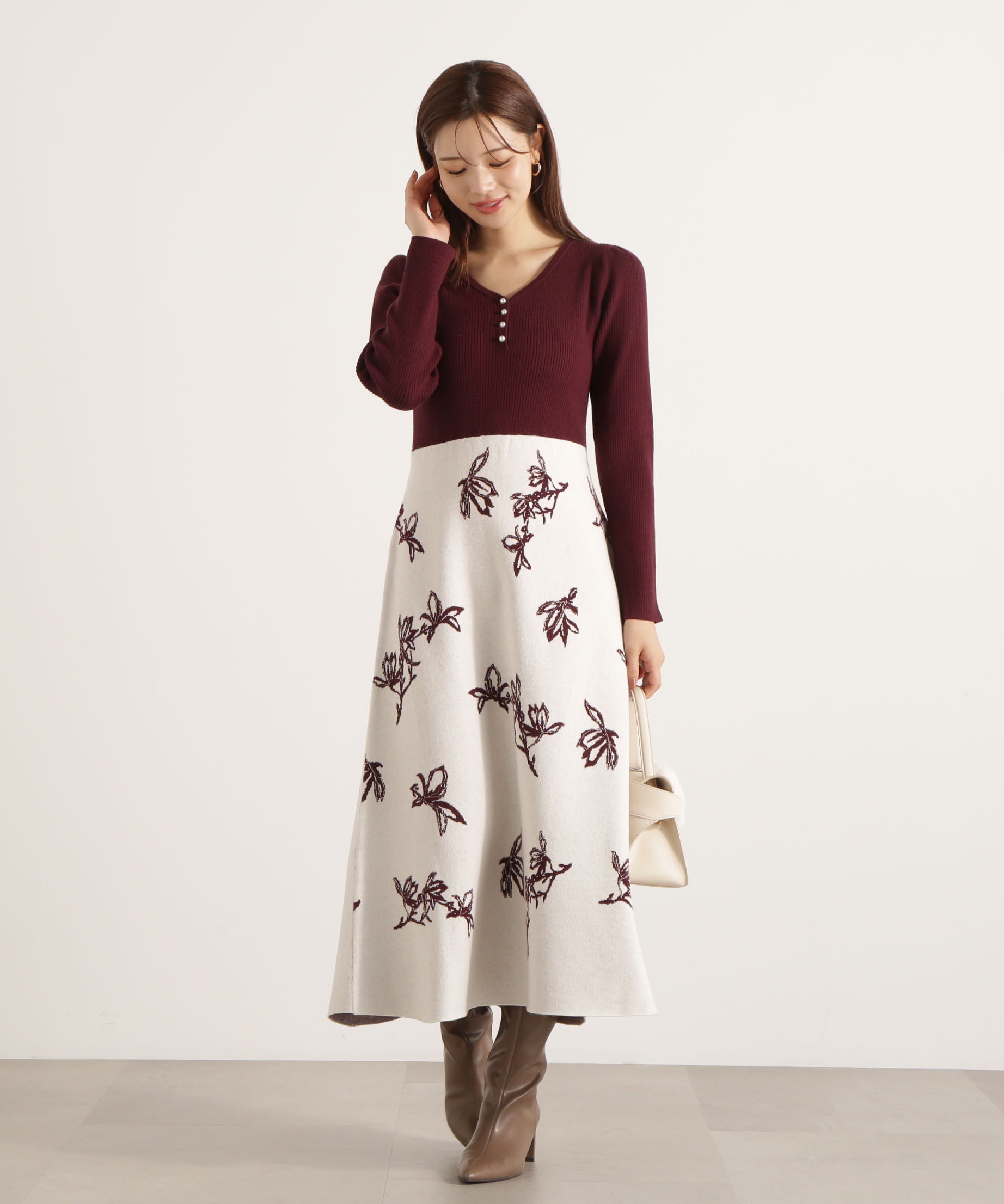PROPORTION BODY DRESSING「花柄ジャガードニットワンピース 25AW」|ワンピース|ボルドー&times;エク