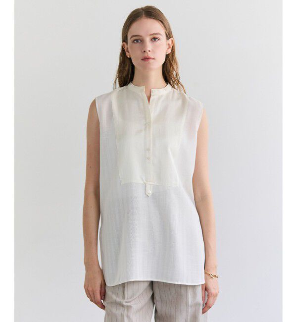 BEIGE,「GOSHE / サテン切替 シアースタンドブラウス」|シャツ・ブラウス|Ecru