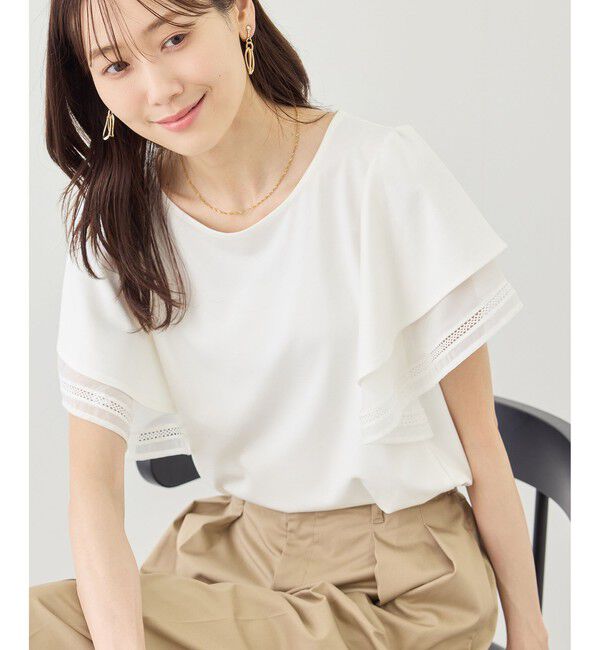 Rope&rsquo;Picnic「レースドッキングフレアスリーブカットトップス/UVカット・接触冷感」|Tシャツ・カットソー|