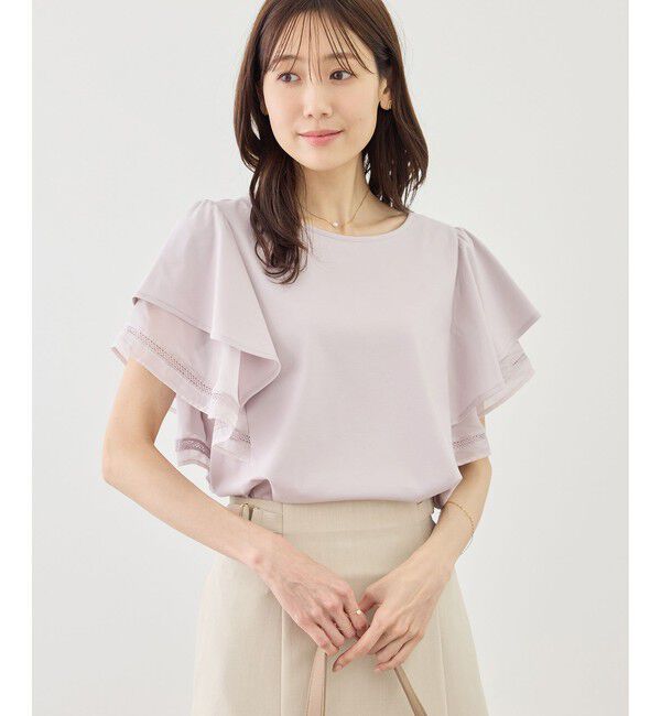 Rope&rsquo;Picnic「レースドッキングフレアスリーブカットトップス/UVカット・接触冷感」|Tシャツ・カットソー|