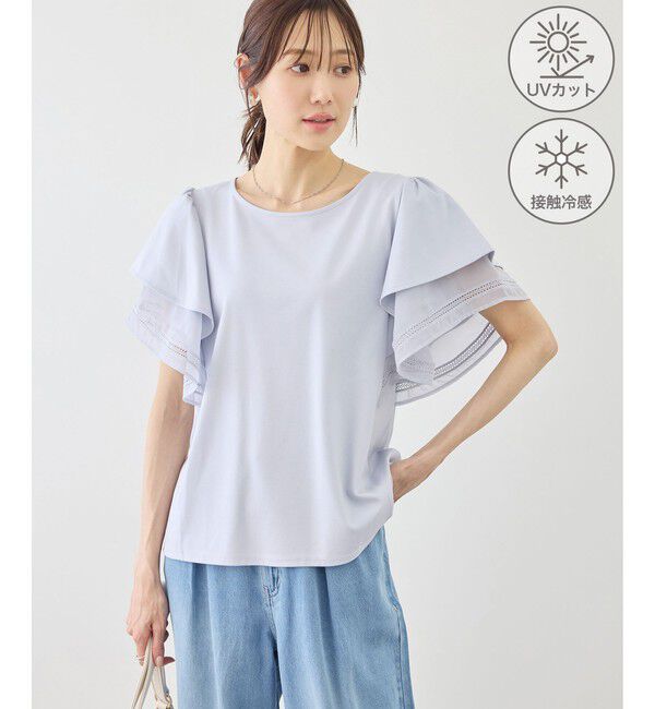 Rope&rsquo;Picnic「レースドッキングフレアスリーブカットトップス/UVカット・接触冷感」|Tシャツ・カットソー|サックス(48)