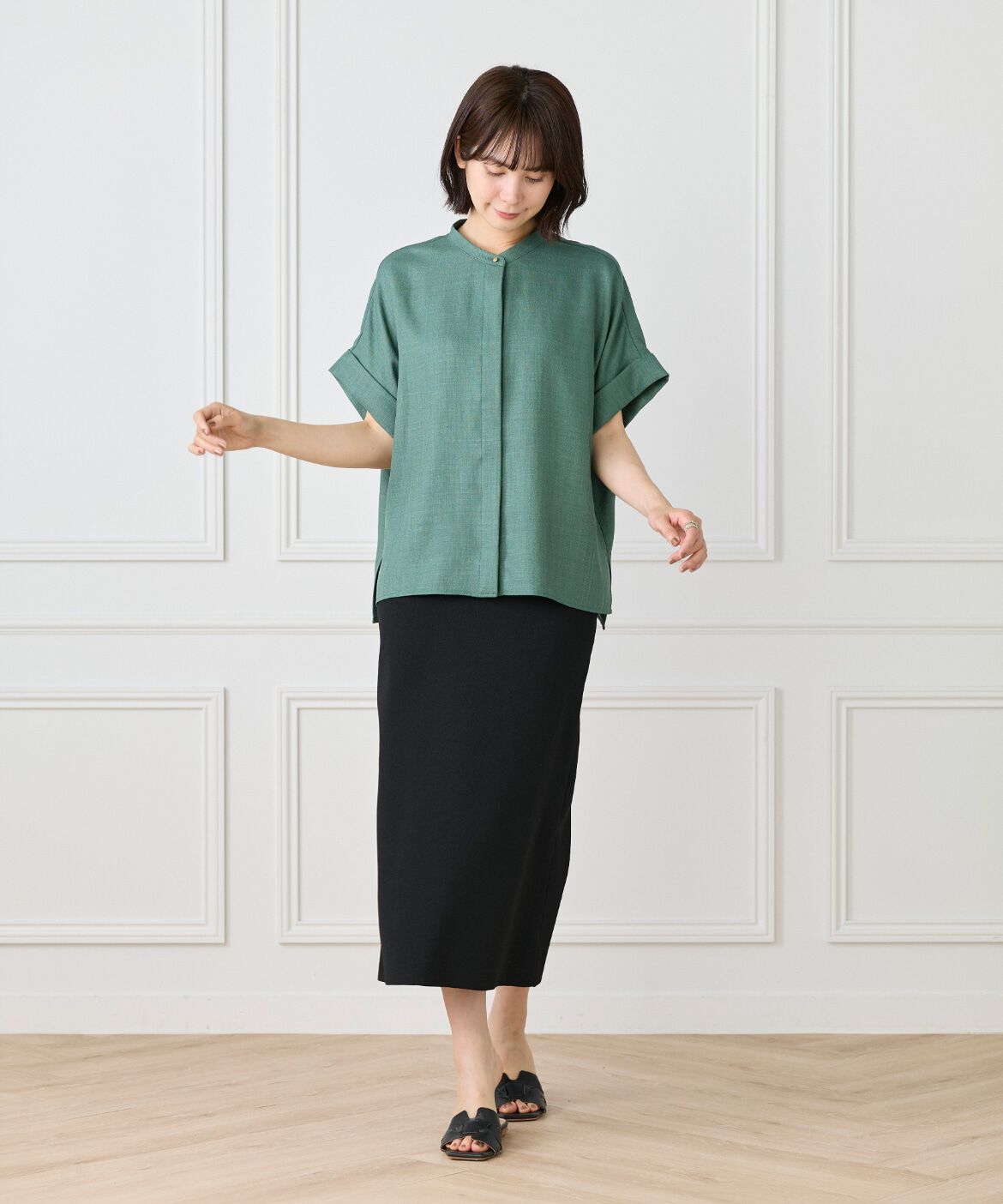 7-IDconcept.「《大きいサイズ》麻調ワイドスリーブブラウス」|シャツ・ブラウス|