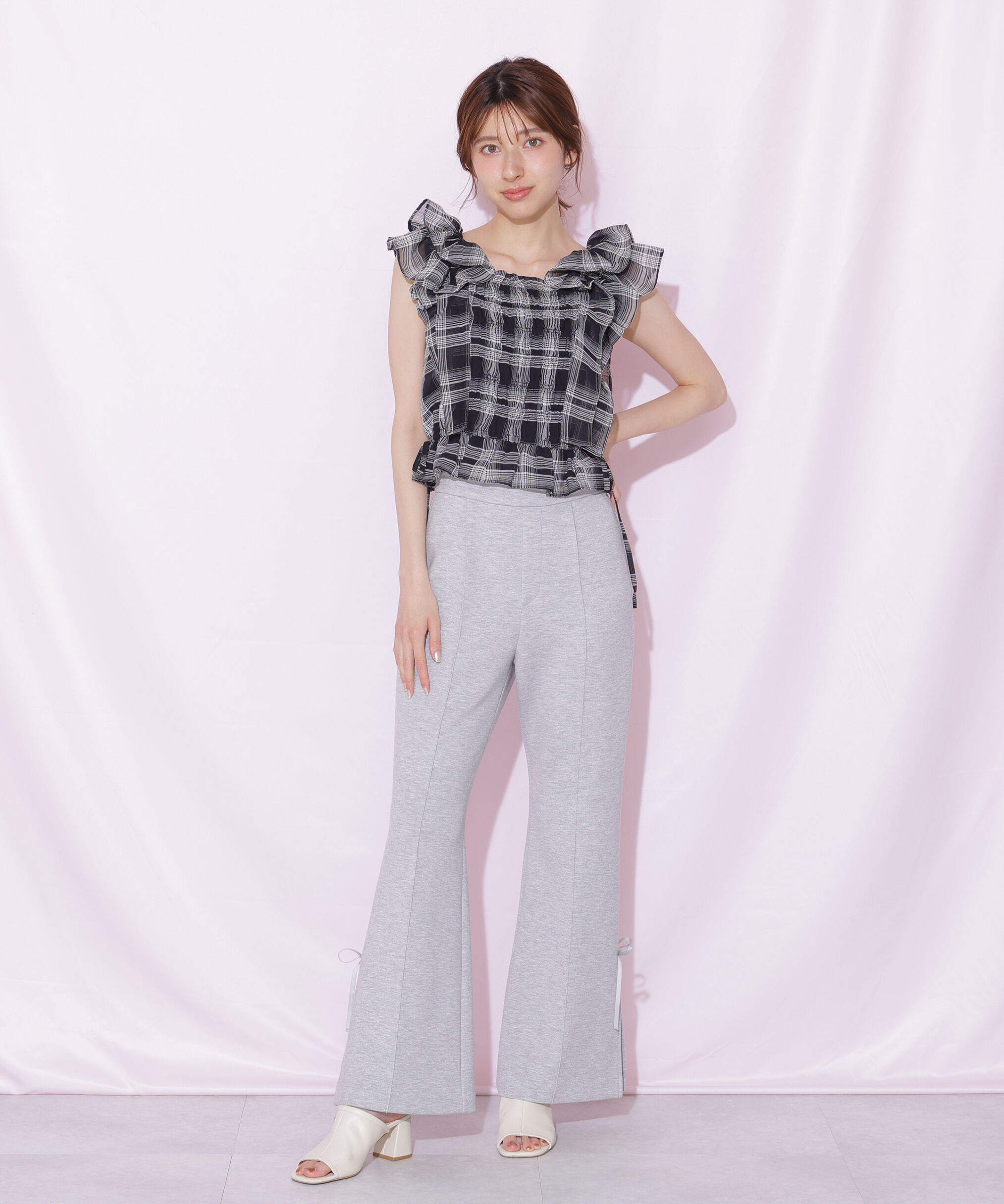  「シャーリングシアーリングチェックブブラウス」|シャツ・ブラウス|