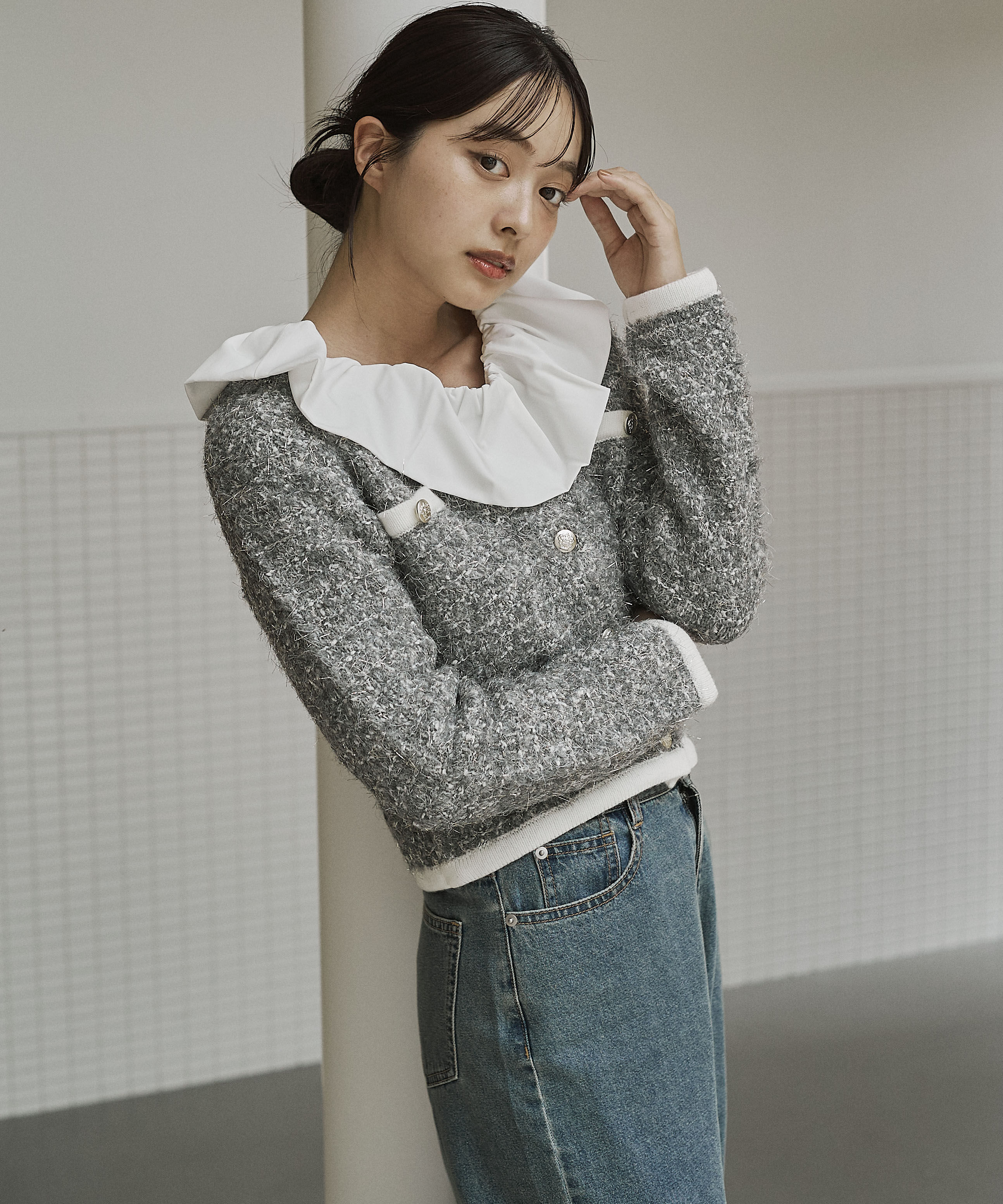 PROPORTION BODY DRESSING「ファンシーツイード風ニットカーディガン 25AW」|カーディガン|グレー