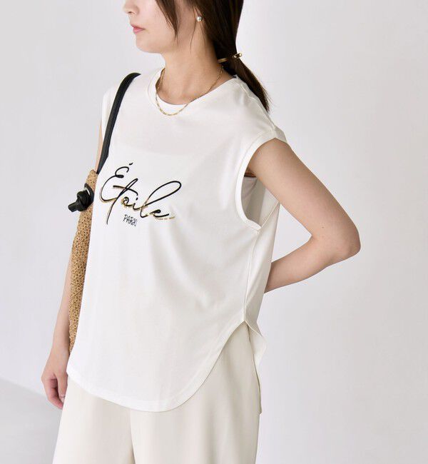 quaranciel「《予約》quaranciel:〈洗濯機可能〉スパンコール ロゴ 刺繍 フレンチスリーブ TEE」|Tシャツ・カットソー|
