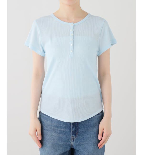 SLOBE IENA「クレープリブ ヘンリーネック5分袖 TEE」|Tシャツ・カットソー|サックスブルー