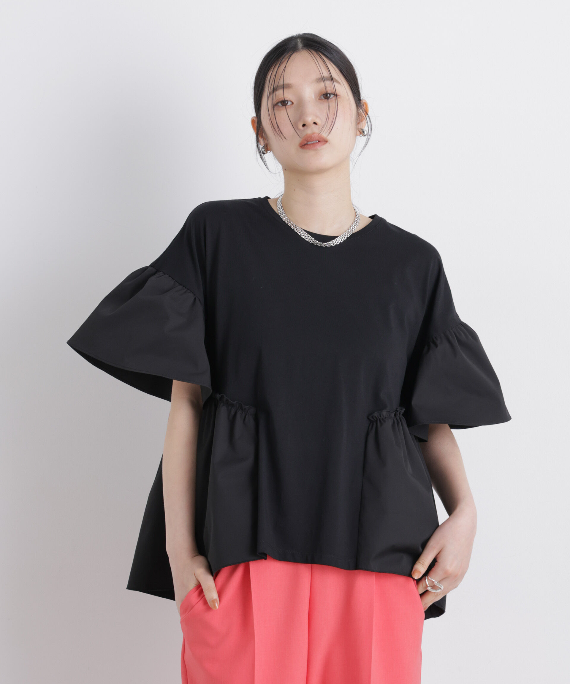nano･universe「異素材ドッキングギャザーカットソー」|Tシャツ・カットソー|