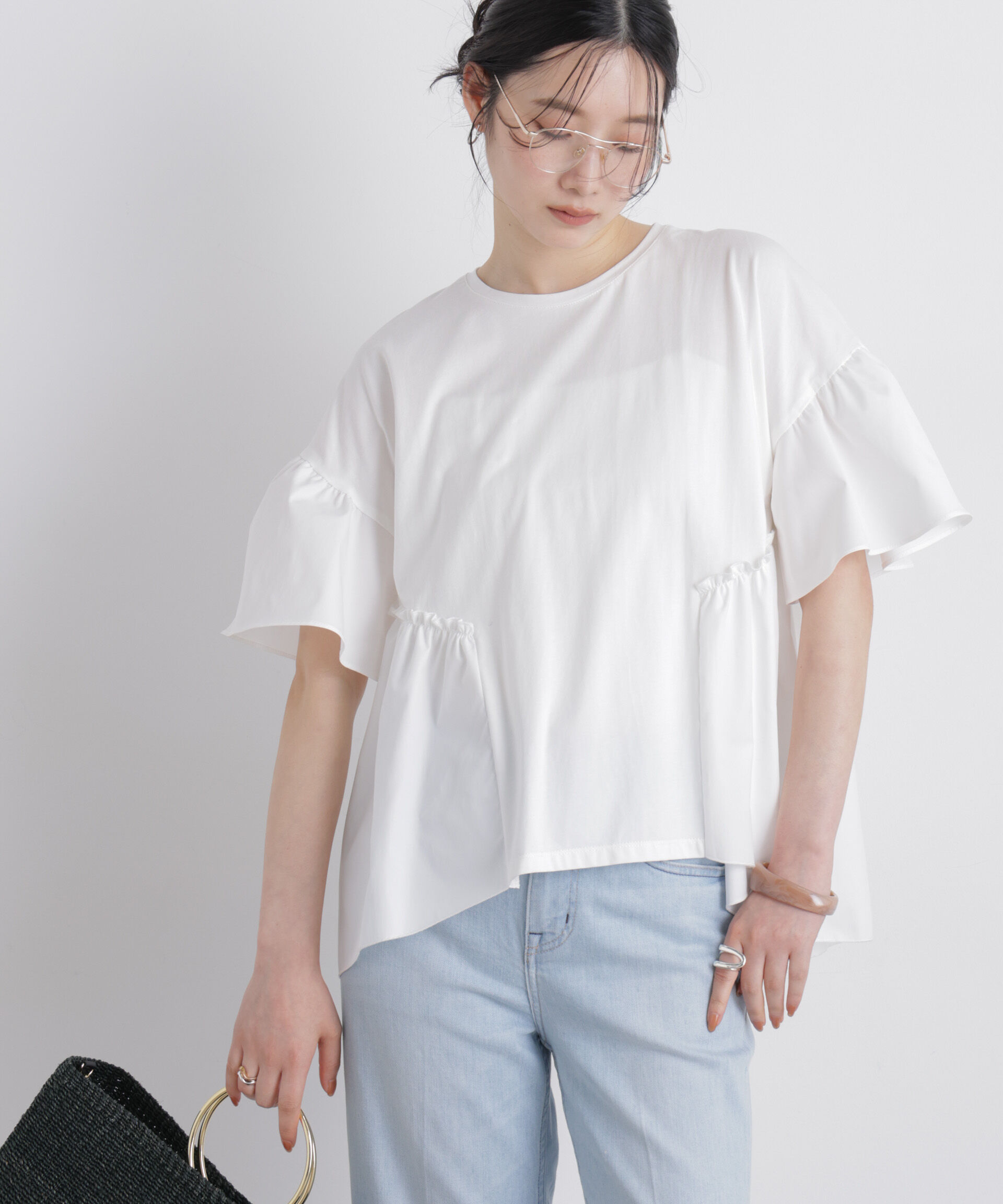 nano･universe「異素材ドッキングギャザーカットソー」|Tシャツ・カットソー|