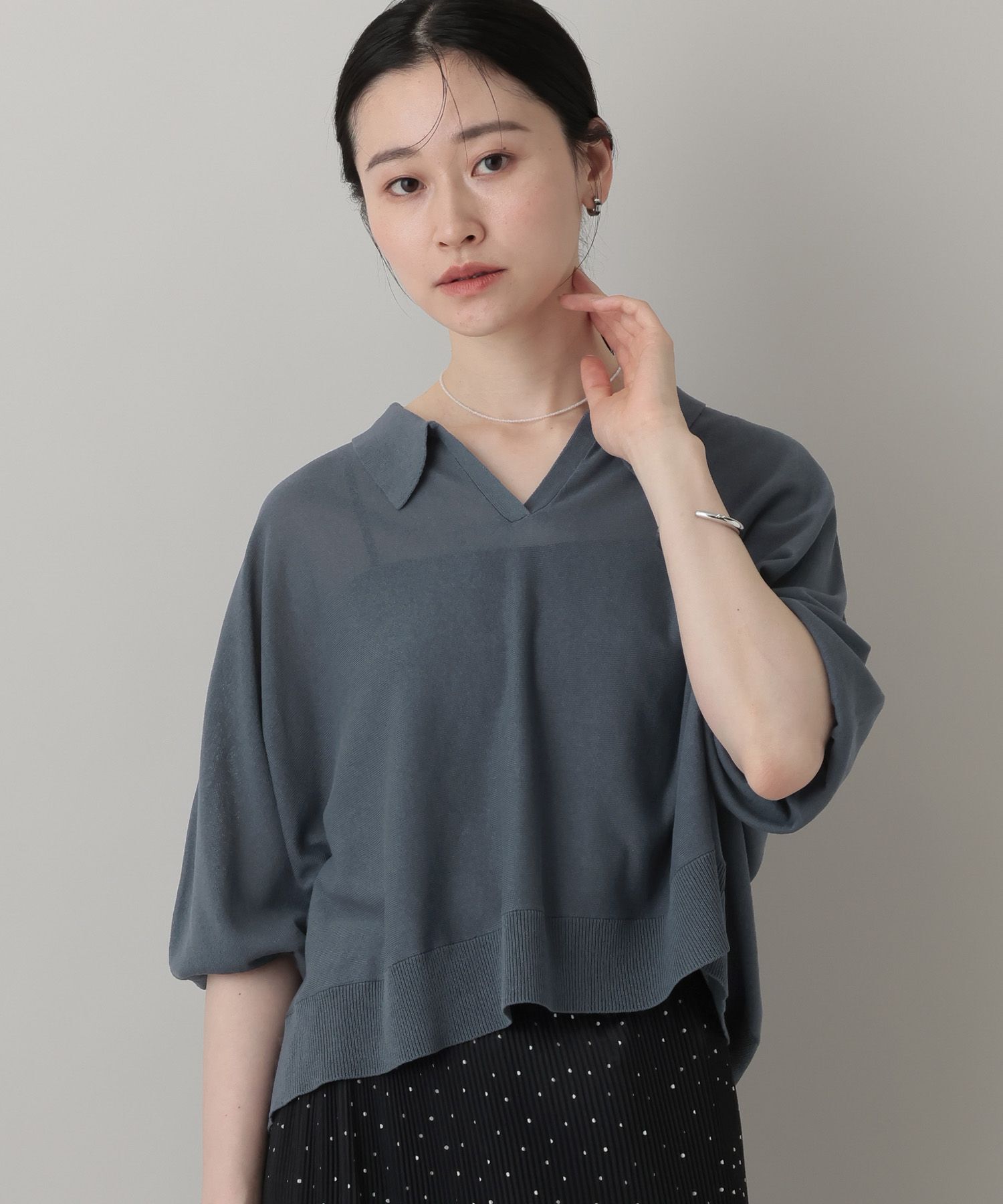 A part by 「【UVカット・接触冷感】 シアーポロニットプルオーバー_5分袖」|ニット・セーター|チャコールグレー
