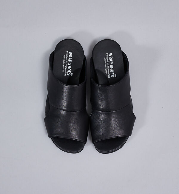 alfredoBANNISTER WRAP SHOES ブラックサンダル WRAP SHOES】レザーサイドキャビティ スライド サンダル