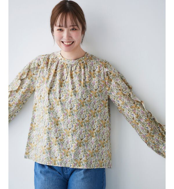 le.coeur blanc「《手洗い可能》Perle Peche フラワー柄スリーブフリルブラウス」|シャツ・ブラウス|ピンク柄