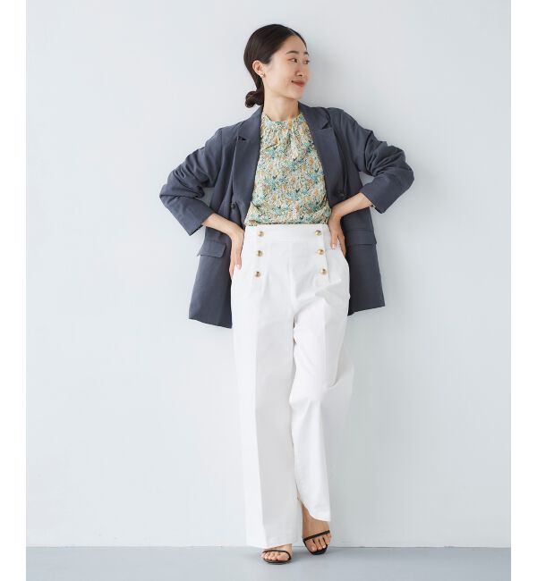 le.coeur blanc「《手洗い可能》Perle Peche フラワー柄スリーブフリルブラウス」|シャツ・ブラウス|