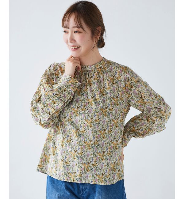 le.coeur blanc「《手洗い可能》Perle Peche フラワー柄スリーブフリルブラウス」|シャツ・ブラウス|