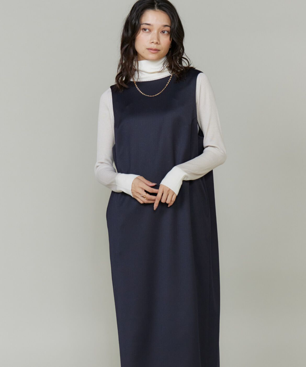 INED「《大きいサイズ》ボートネックワンピース」|ワンピース|ネイビー