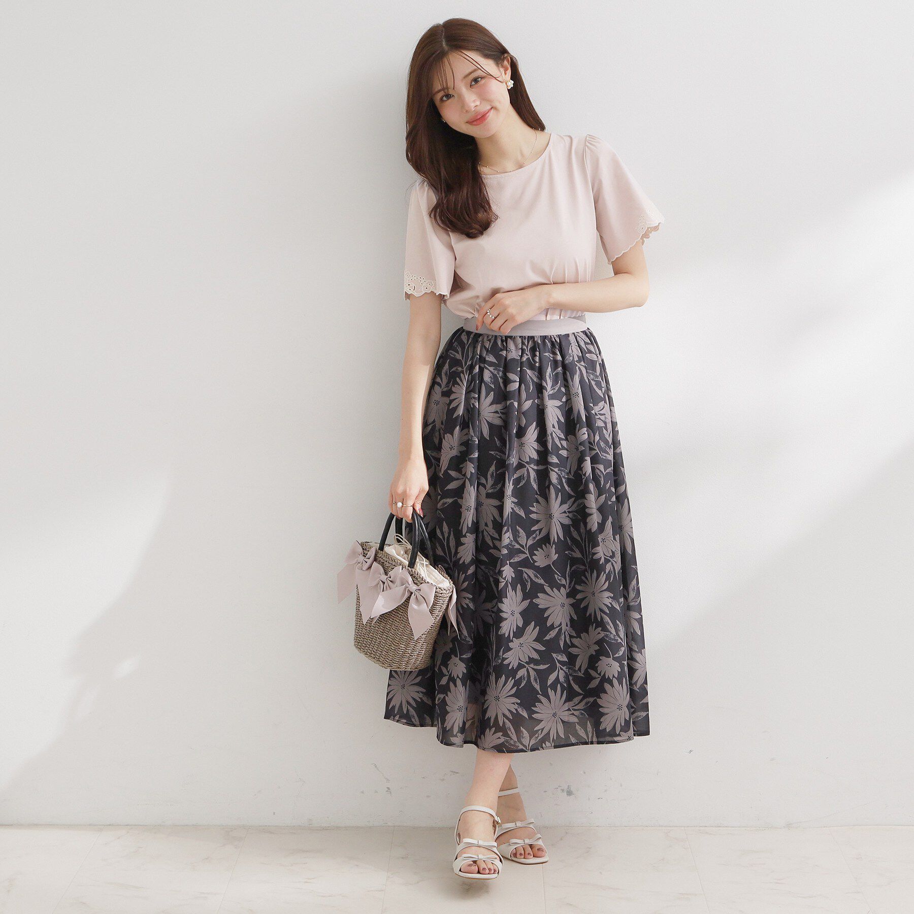 Couture broach「袖スカラップ リボン＆フラワー柄カットソー」|Tシャツ・カットソー|