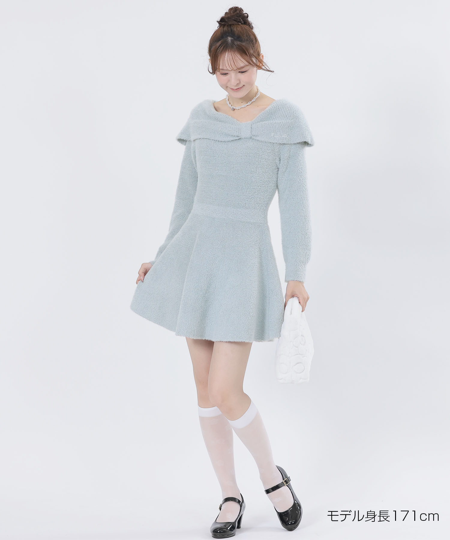 MARY QUANT「オフショルリボンニット ワンピース」|ワンピース|ブルー