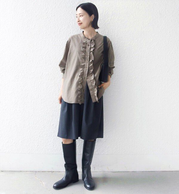 SHIPS for women「《予約》【WEB限定】〈手洗い可能〉チェック フリル ロングスリーブ シャツ（ベージュ）」|シャツ・ブラウス|