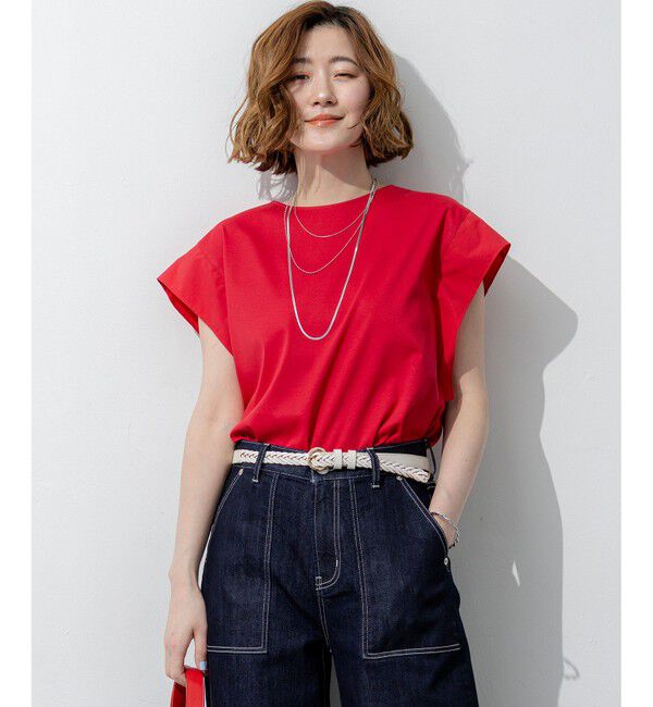 23区「スムースデザイン タフタスリーブ カットソー」|Tシャツ・カットソー|レッド系