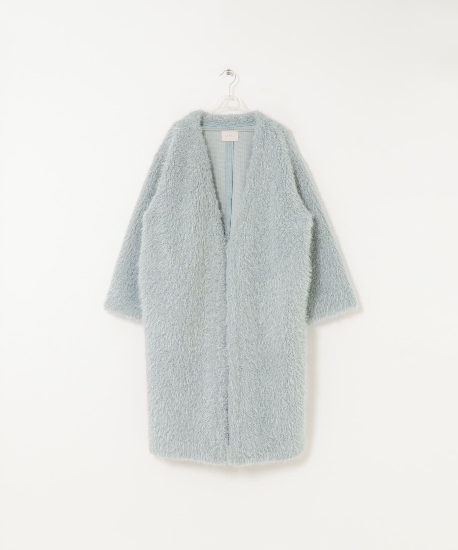 LAATO「long boa coat」|ノーカラーコート|ライトブルー
