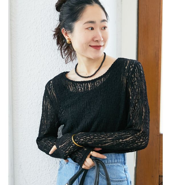  「ストレッチレースクルーネックカットソー」|Tシャツ・カットソー|ブラック