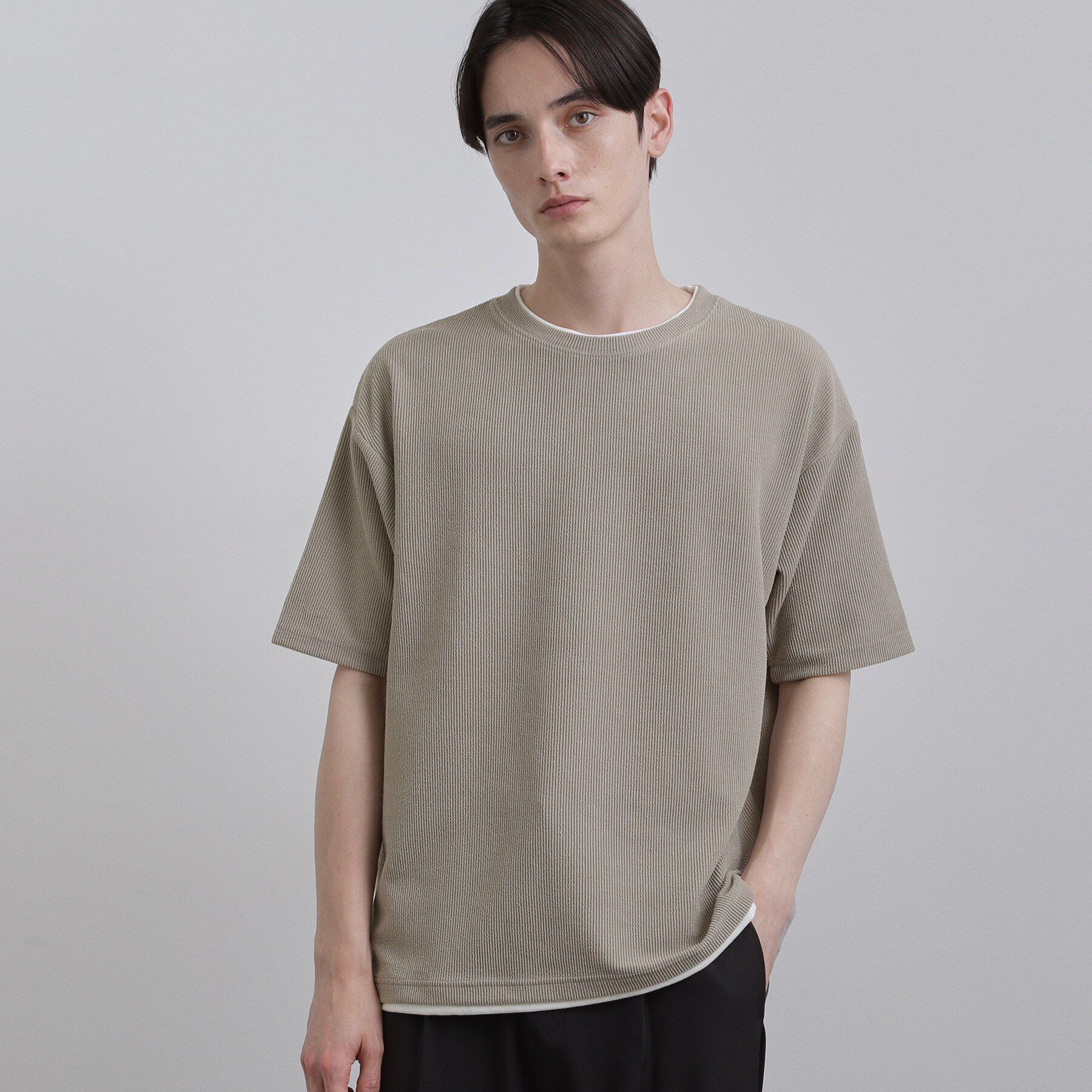tk.TAKEO KIKUCHI「リブフェイクレイヤードTシャツ」|Tシャツ・カットソー|グレージュ(050)