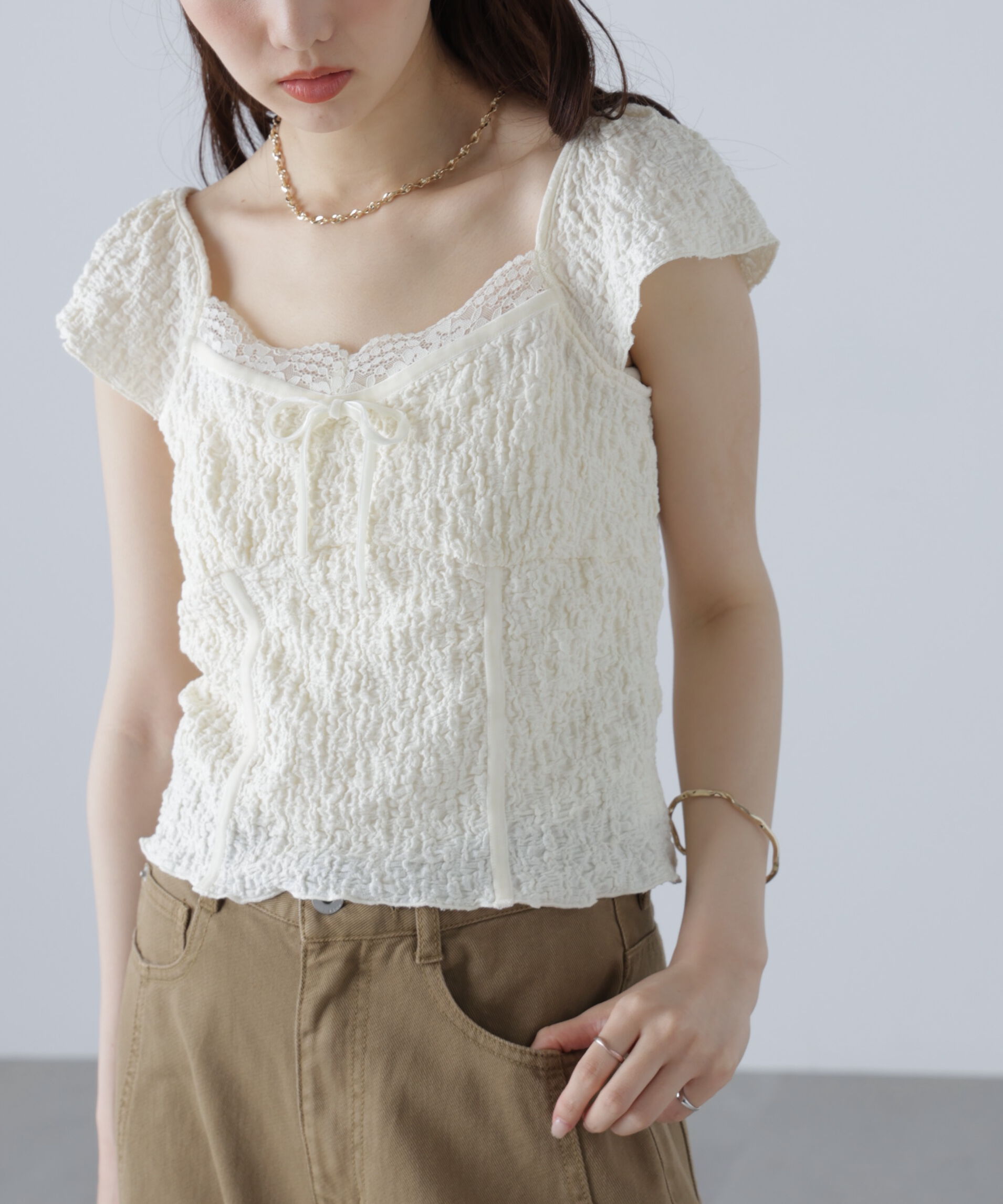  「レーストリムカットジャガードカットソー」|Tシャツ・カットソー|