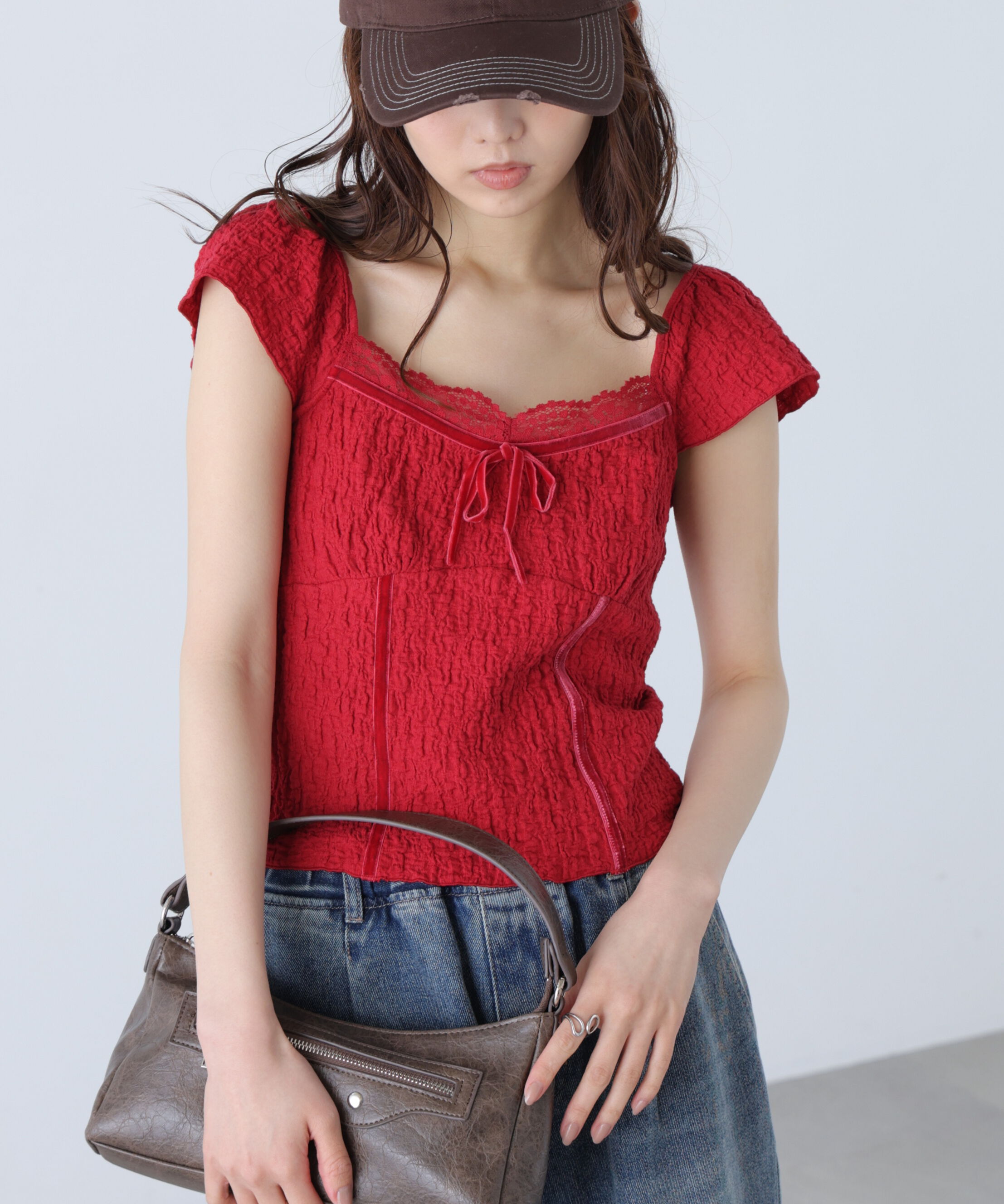  「レーストリムカットジャガードカットソー」|Tシャツ・カットソー|レッド