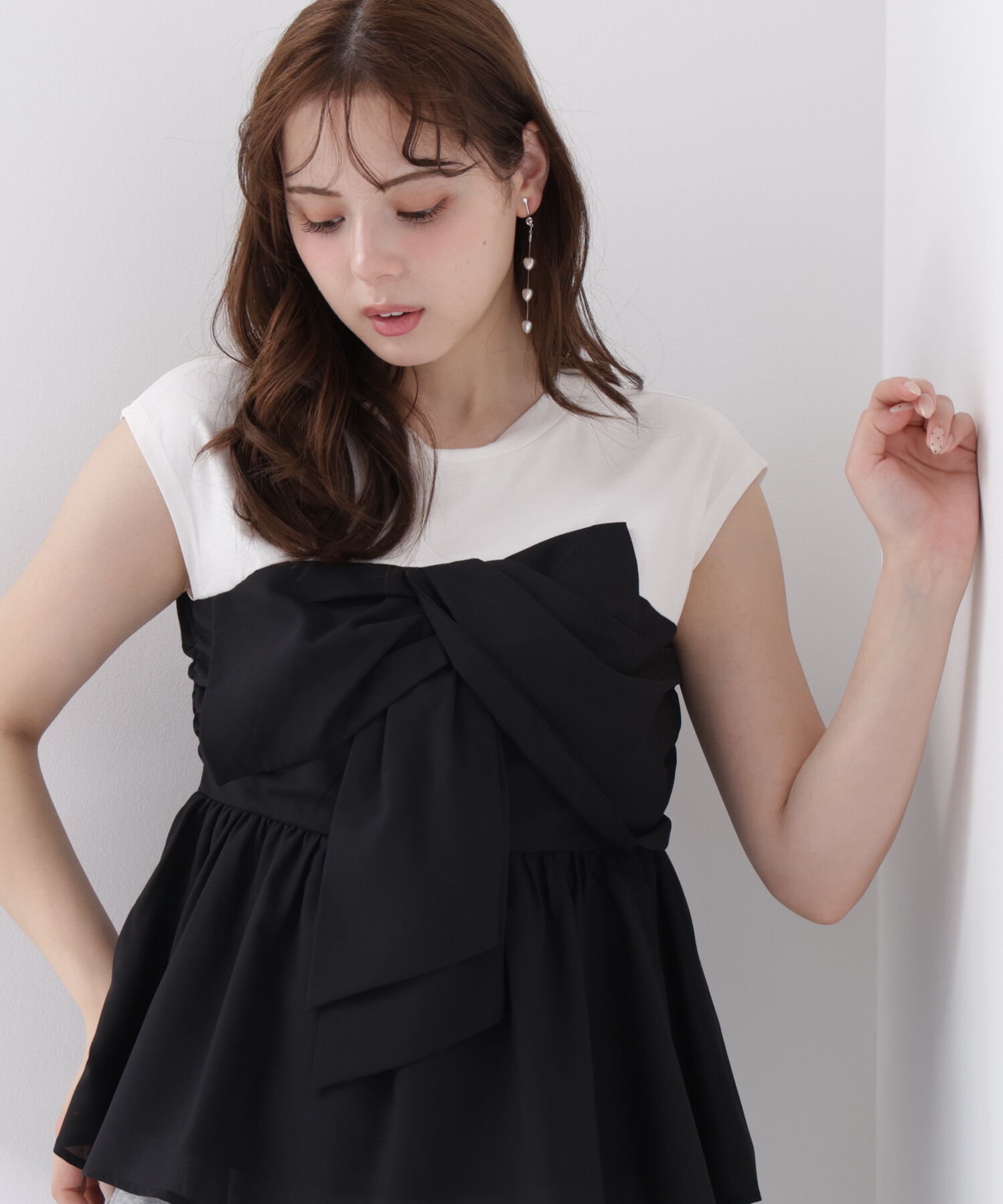PROPORTION BODY DRESSING「フロントリボンドッキングカットソー」|Tシャツ・カットソー|ブラック&times;ホワ