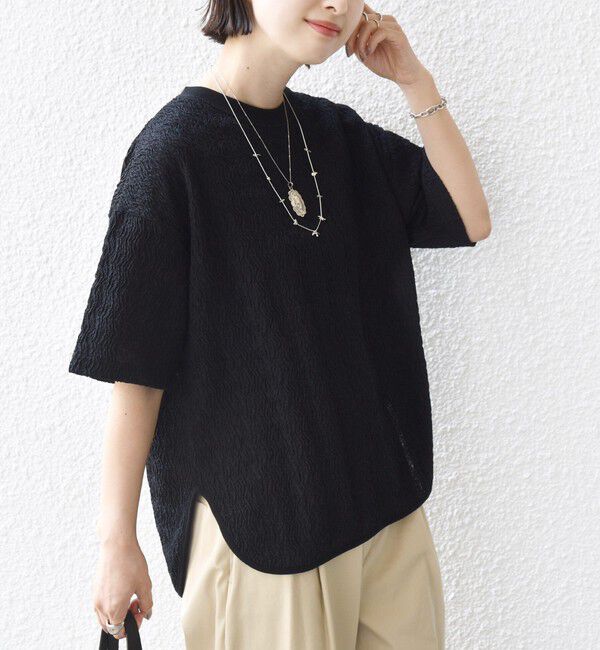 SHIPS for women「【WEB限定】〈手洗い可能〉ウェーブ クレープ ショート スリーブ カットソー」|Tシャツ・カットソー|ブラック
