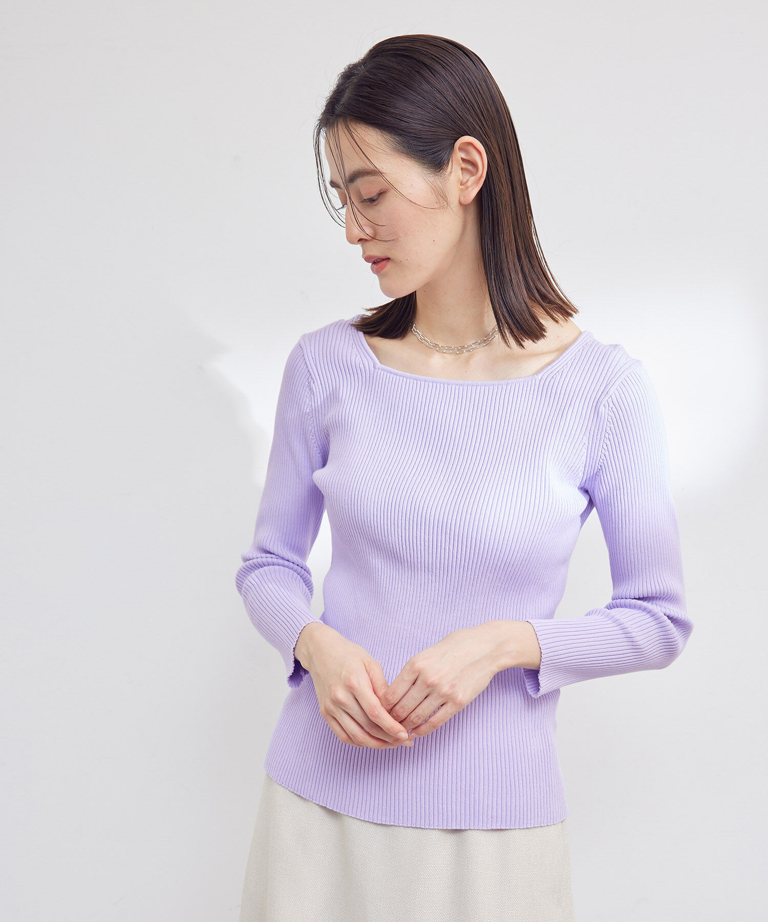 ROPE「【洗える】スクエアネック8分袖コットンリブニット」|Tシャツ・カットソー|ラベンダー系(53)