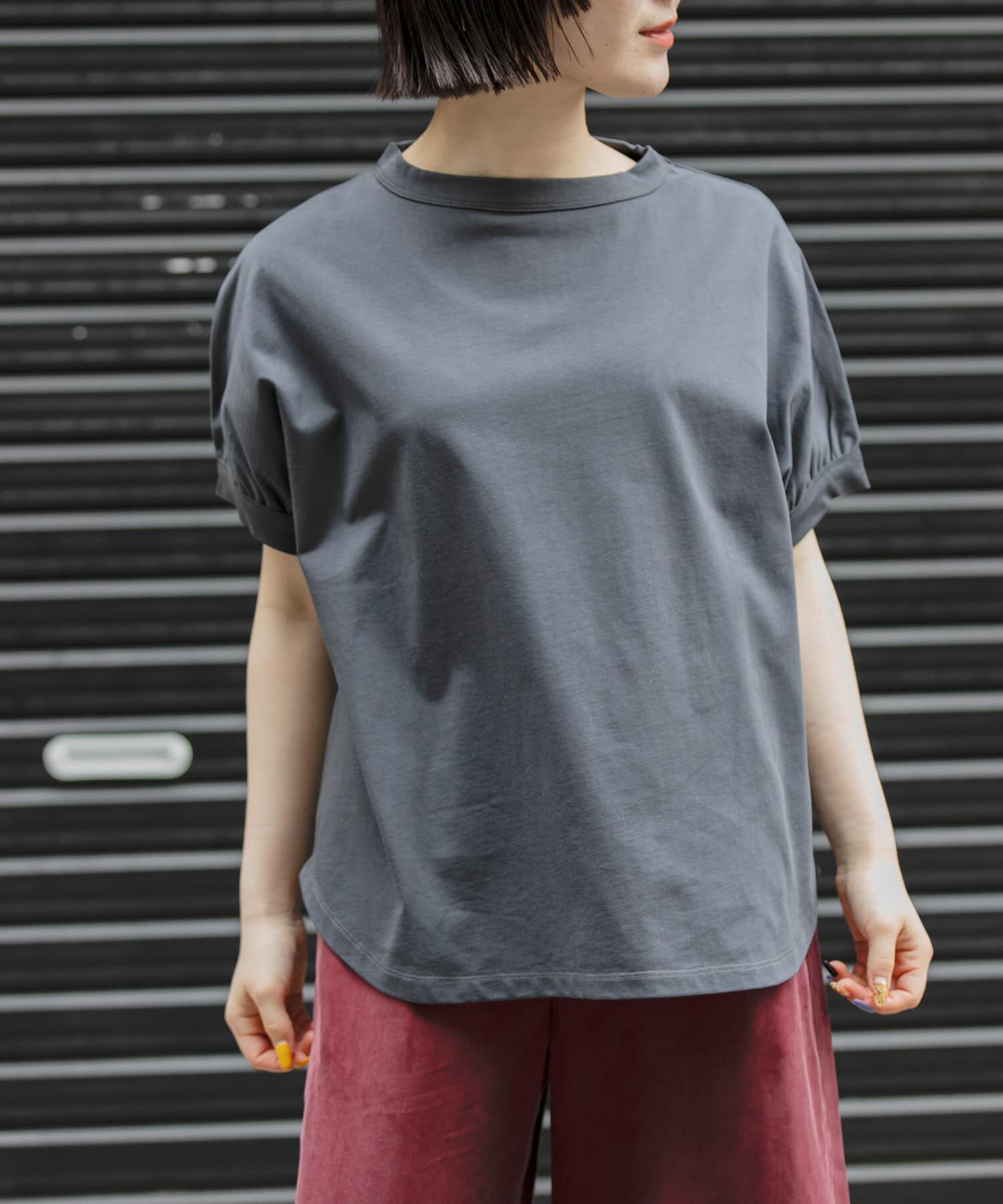 URBAN RESEARCH DOORS「FORK&SPOON　ボトルネックギャザースリーブTシャツ」|Tシャツ・カットソー|チャコールグレー
