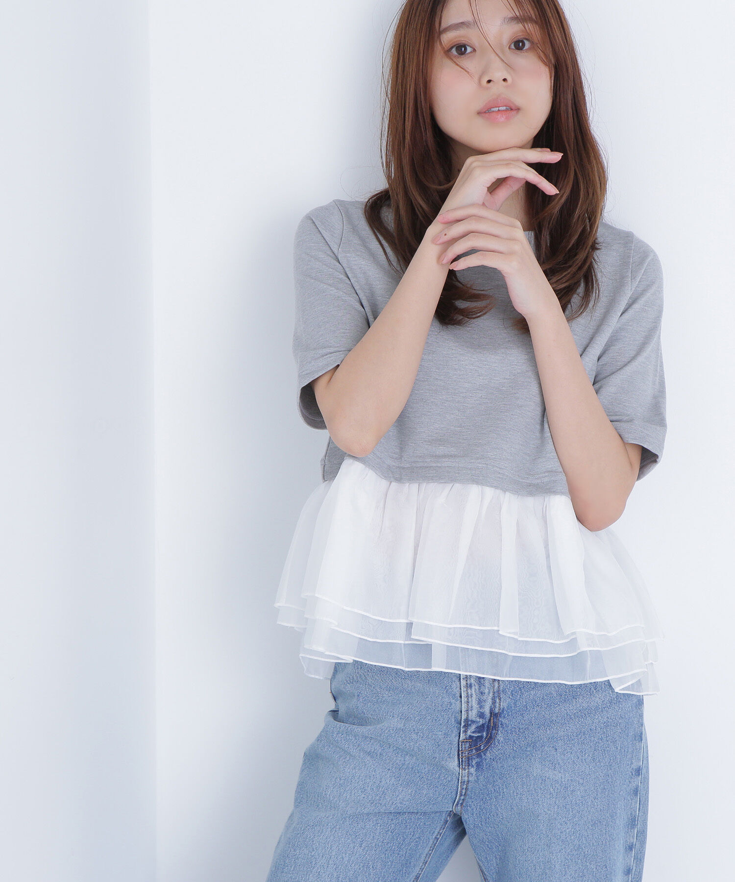  「シフォンドッキングペプラムカットソー」|Tシャツ・カットソー|グレー&times;オフ2