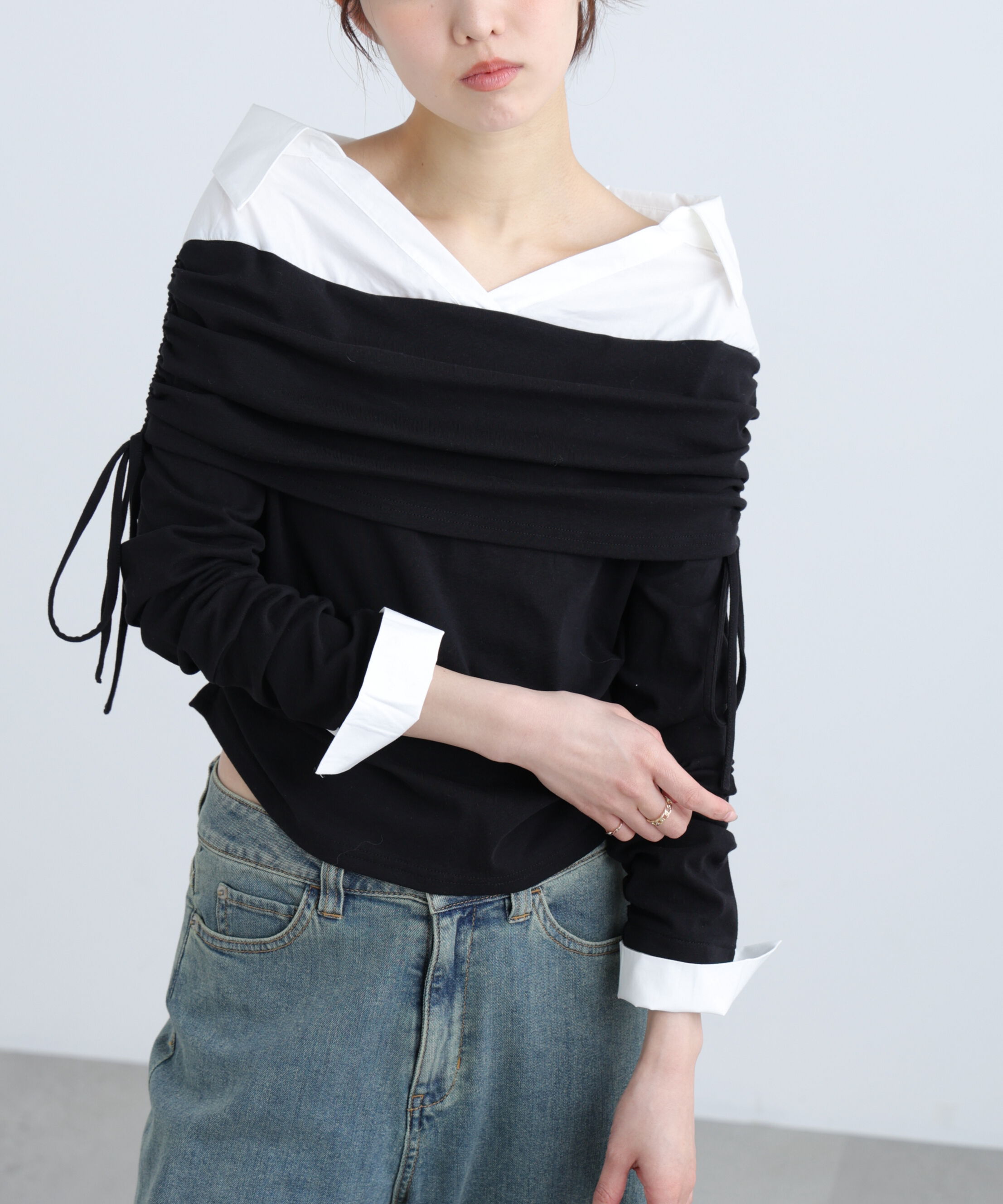  「シャツレイヤードオフショルダー」|Tシャツ・カットソー|