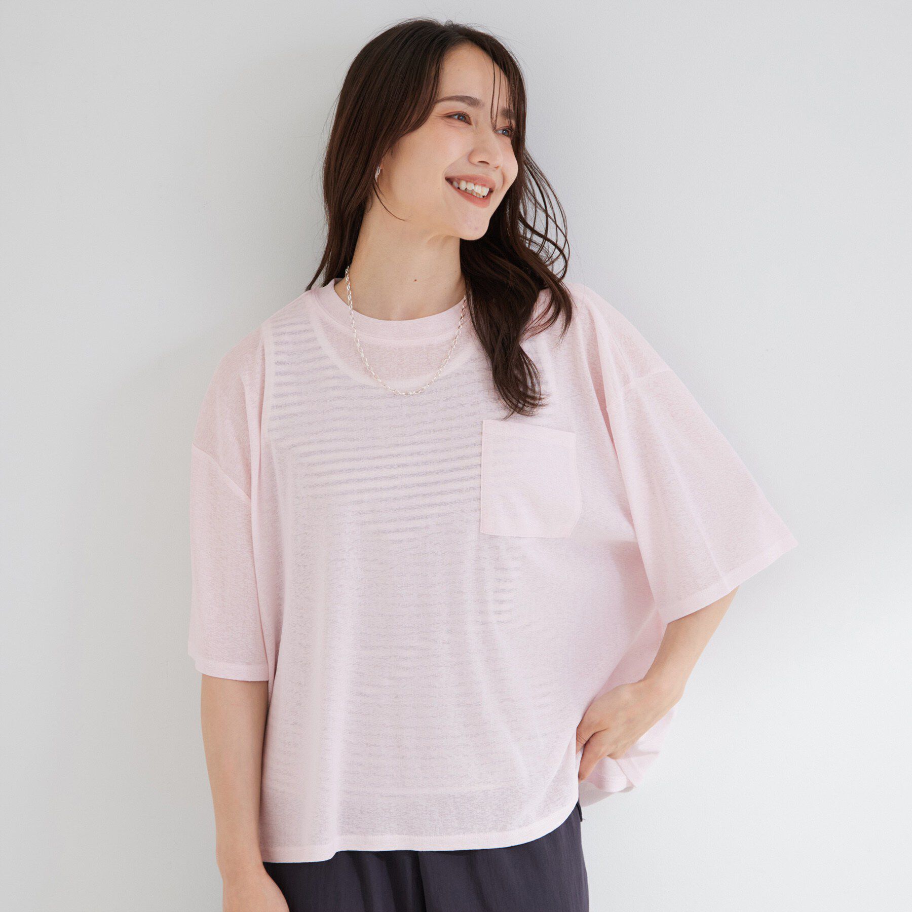 SHOO･LA･RUE「【S-LL/体型カバー】ゆるっとこなれる 大人のシアースラブTシャツ」|Tシャツ・カットソー|