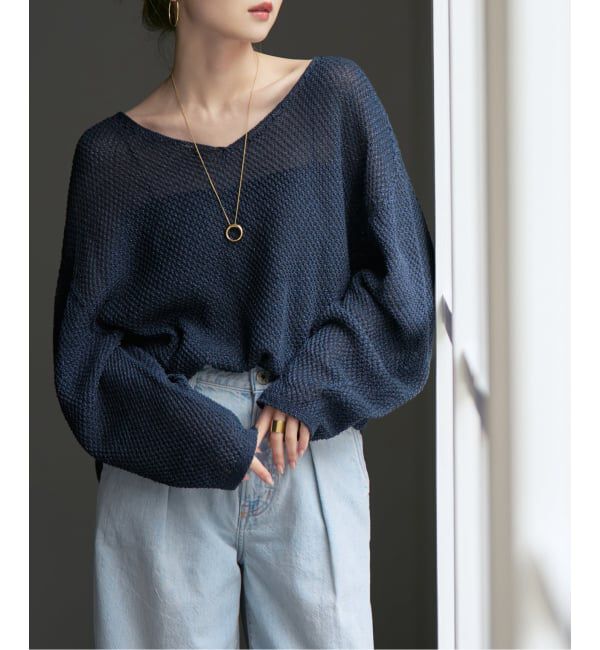 NOBLE「《WEB＆一部店舗限定・追加》【洗える】ペーパーヤーン カノコBACK Vプルオーバー」|ニット・セーター|ネイビー