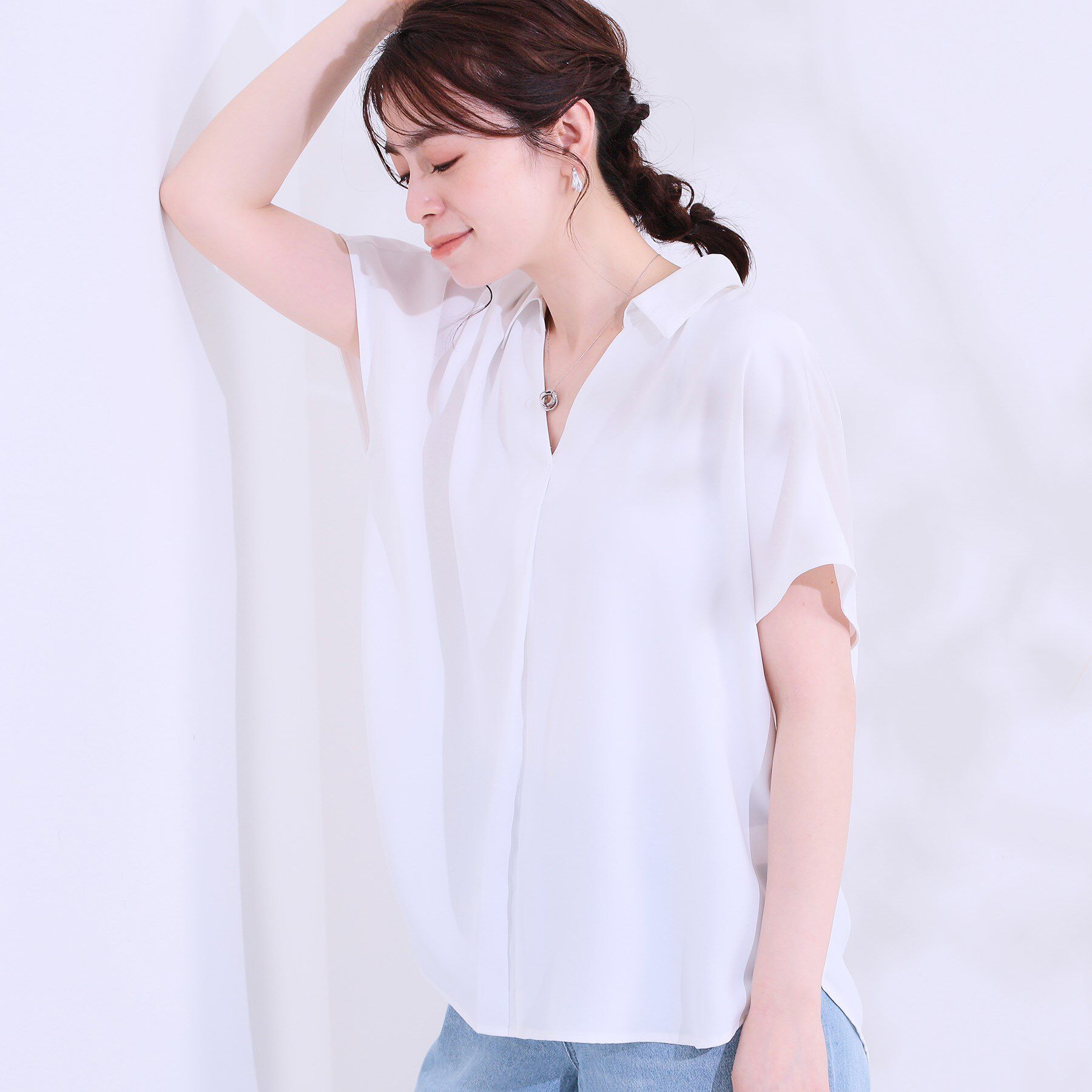 SHOO･LA･RUE「【洗える/S-LL/プチプラ】さらっとすっきりきれい見え スキッパーブラウス」|シャツ・ブラウス|ホワイト(001)