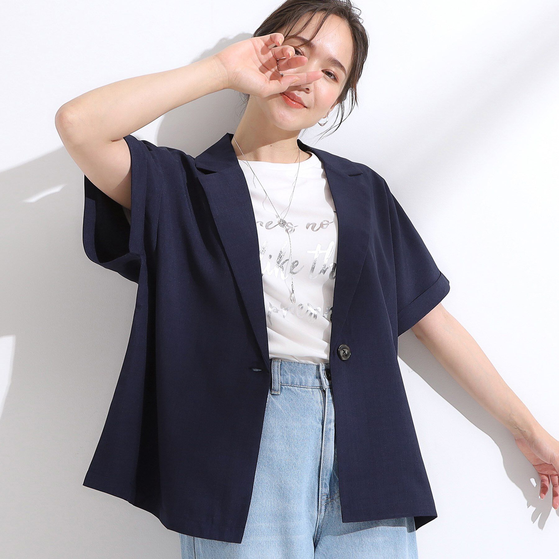 SHOO･LA･RUE「【S-LL】さらりと着たい大人のための 麻調半袖ジャケット」|テーラードジャケット|ネイビー(094)