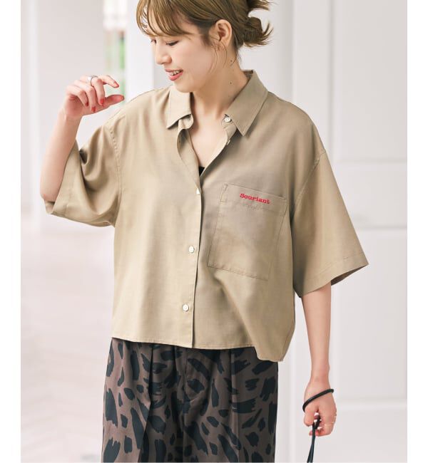 Spick and Span「リネンブレンドロゴ刺繍ショートシャツ」|シャツ・ブラウス|ベージュ