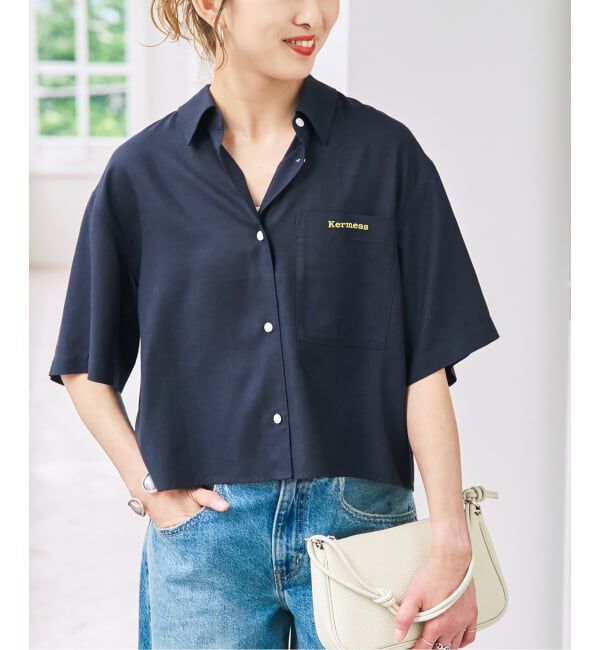 Spick and Span「リネンブレンドロゴ刺繍ショートシャツ」|シャツ・ブラウス|ネイビー