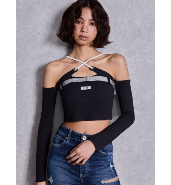 GYDA「GYDAフロントクロスラメテレコTOPS」|Tシャツ・カットソー|ブラック