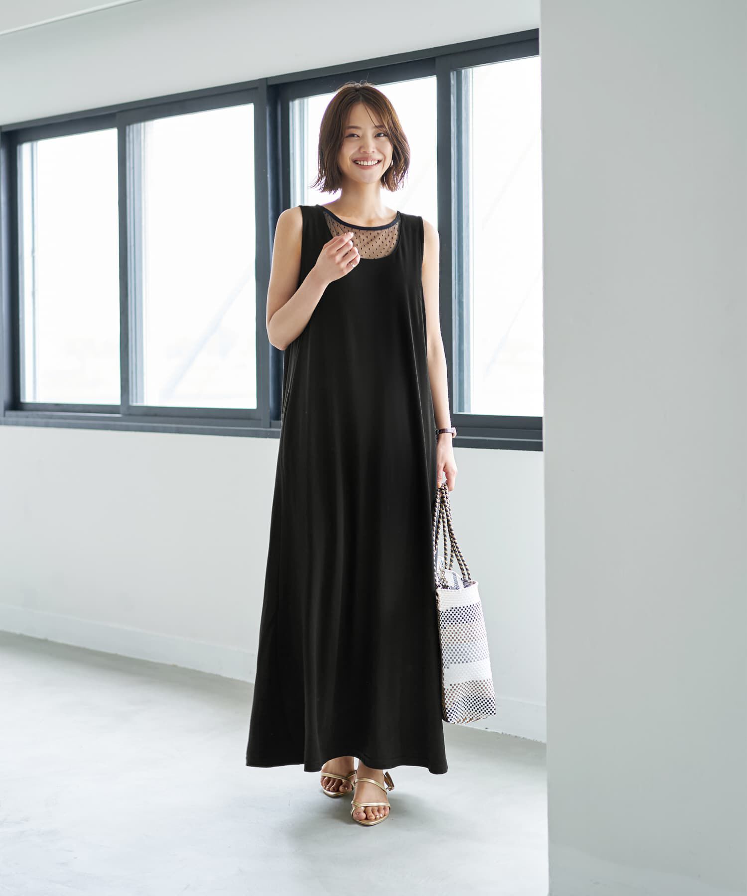 STYLE DELI「デコルテがシアーなドット柄カットソーワンピース」|ワンピース|