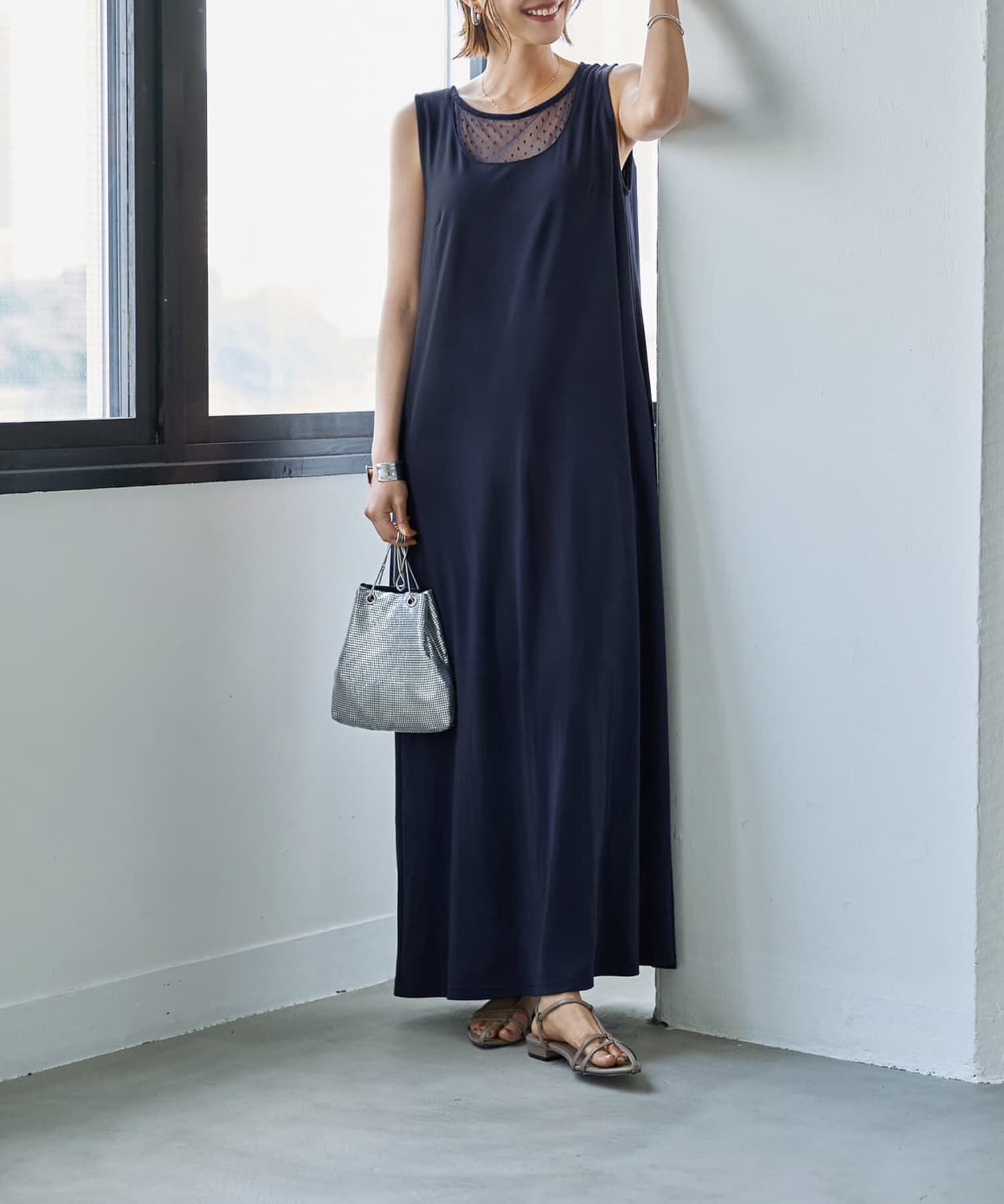 STYLE DELI「デコルテがシアーなドット柄カットソーワンピース」|ワンピース|