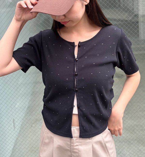 「リブスタッズ半袖カーディガン」|Tシャツ・カットソー|ブラック
