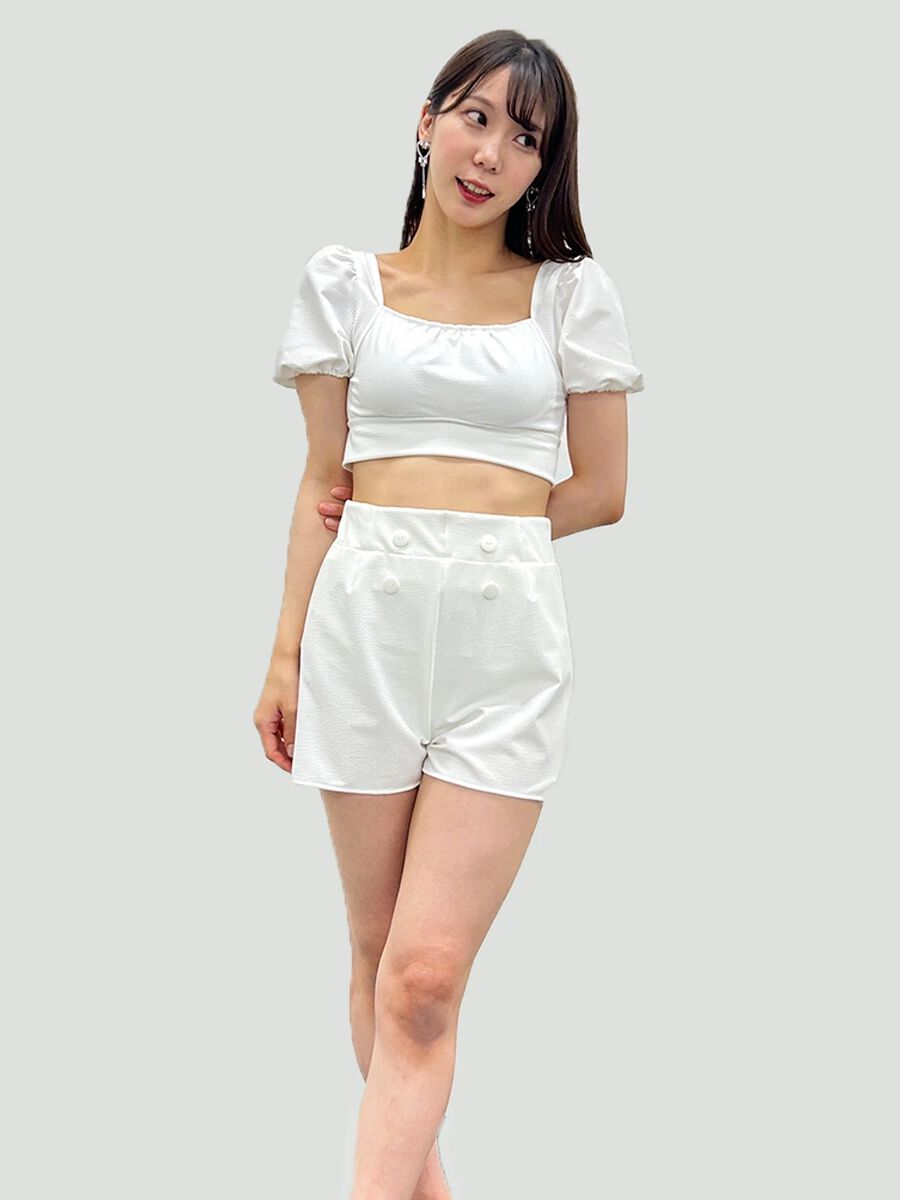PEAK&PINE「バックリボンパフスリーブワンピ見えビキニ」|コンビネゾン|