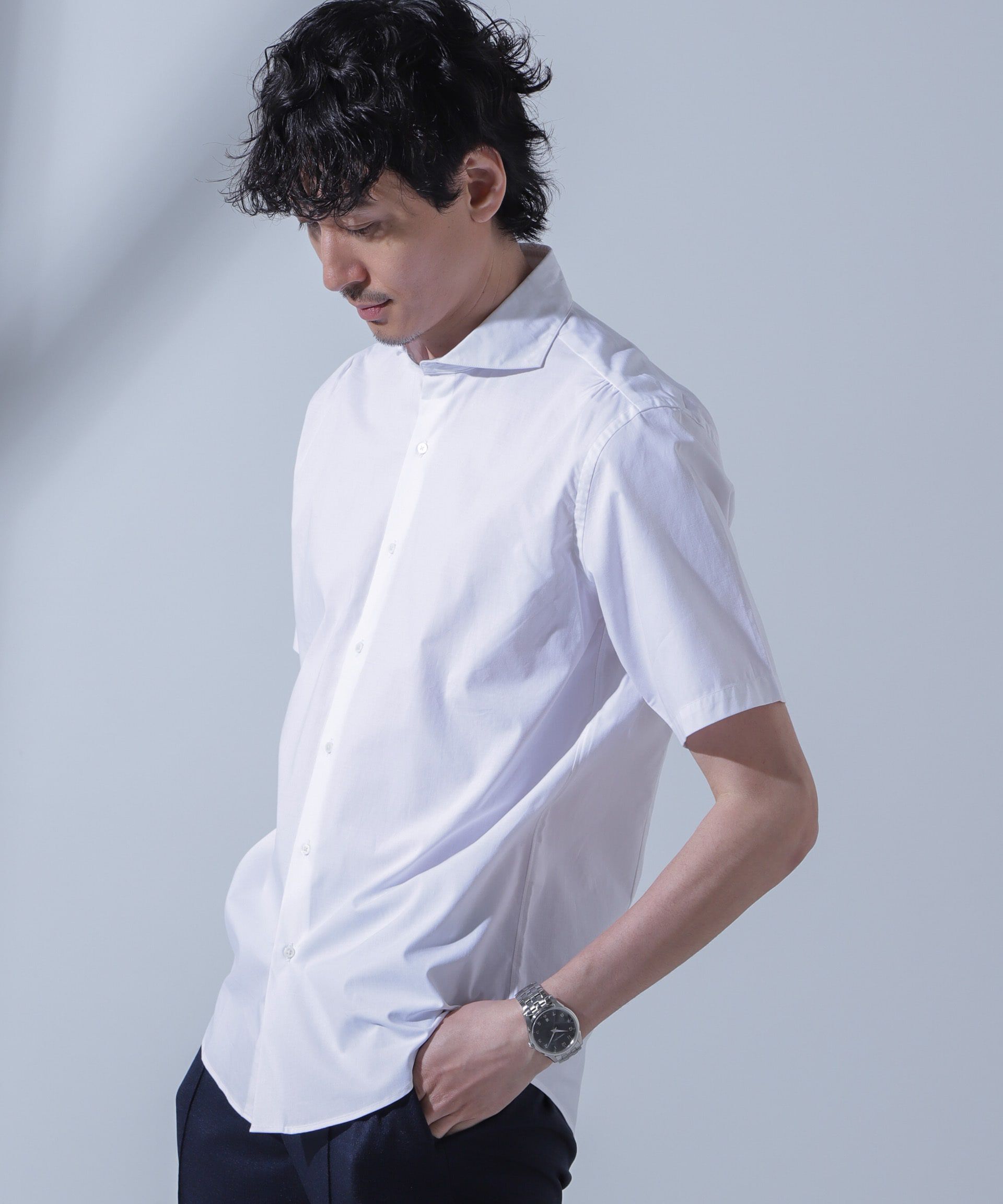 nano･universe「「N SHIRTS」AntiSoaked(R)汗染み防止ホリゾンタルカラーシャツ半袖」|シャツ・ブラウス|