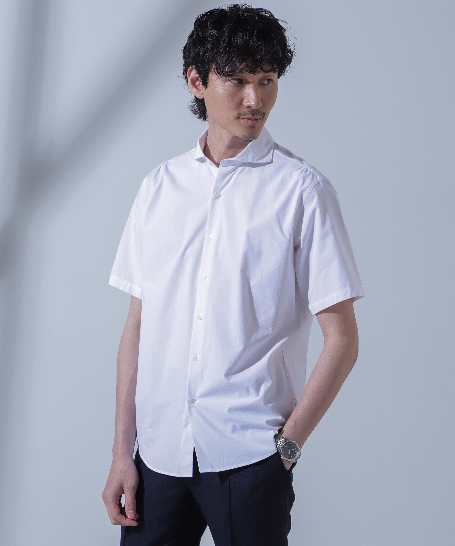 nano･universe「「N SHIRTS」AntiSoaked(R)汗染み防止ホリゾンタルカラーシャツ半袖」|シャツ・ブラウス|