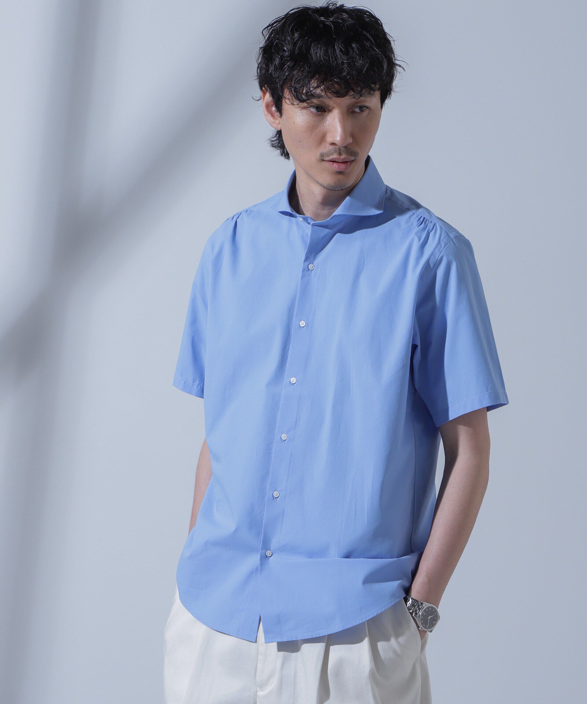 nano･universe「「N SHIRTS」AntiSoaked(R)汗染み防止ホリゾンタルカラーシャツ半袖」|シャツ・ブラウス|